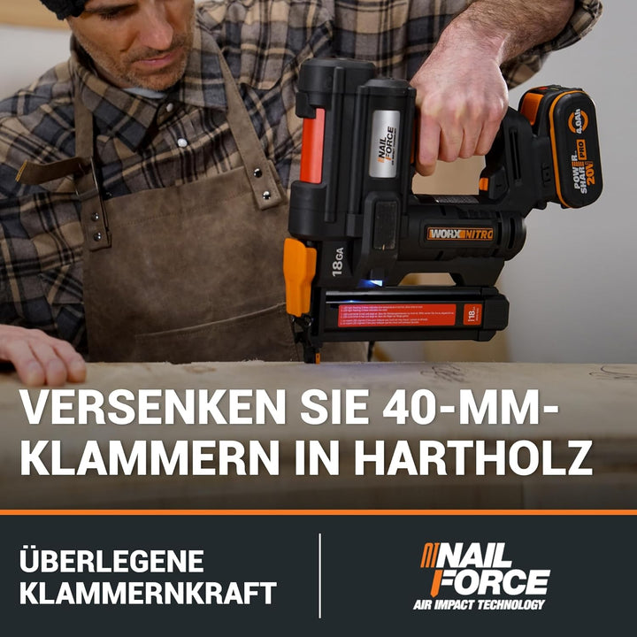WORX WX844.9 NITRO 20V 18GA Akku-Tacker - 80 Klammern/min Schiessen – für Klammern 19-40 mm - elektr