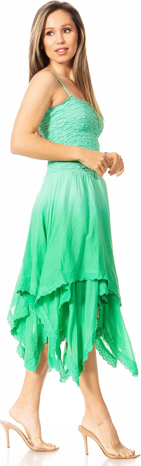 Sakkas Ella gesmokt Mieder Spaghetti schnallen Doppelschichtenkleid Einheitsgrösse O-springgrün, Ein