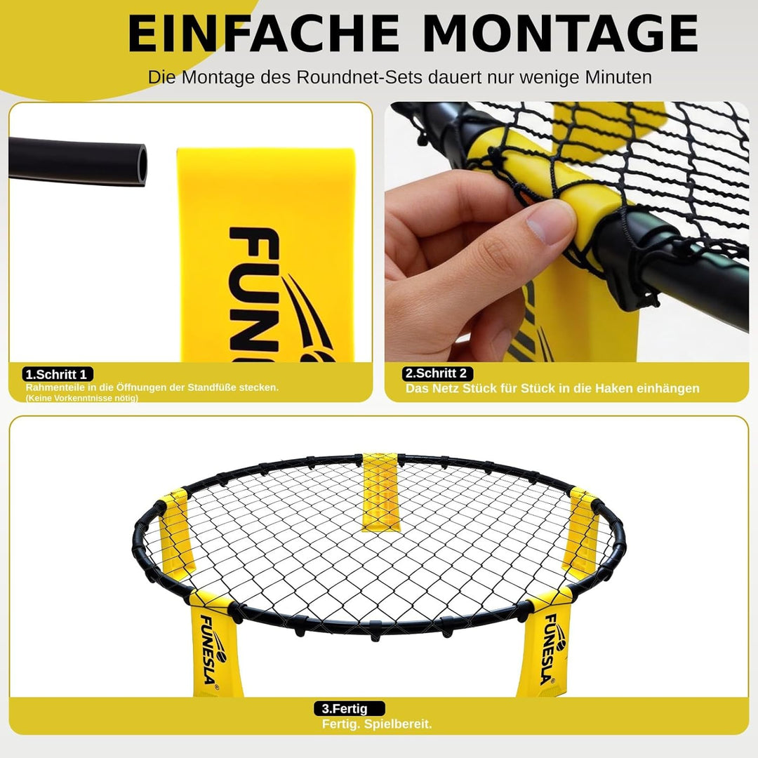Roundnet Set mit Tasche für Strand & Garten, Outdoorspiel mit direkter Steckmontage, inkl. 3 Bälle (