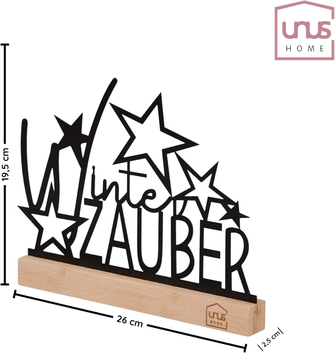UNUS Aufsteller Winterzauber mit Sternen Winterdeko aus Metall mit Bambusfuss 26x19,5 cm in Schwarz