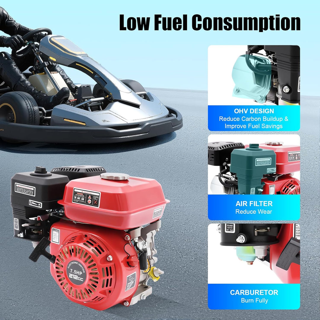 7.5 PS 4-Takt Benzinmotor 212cc Kartmotor, Handstart Standmotor Benzin Motor für Go Kart, Einzylinde