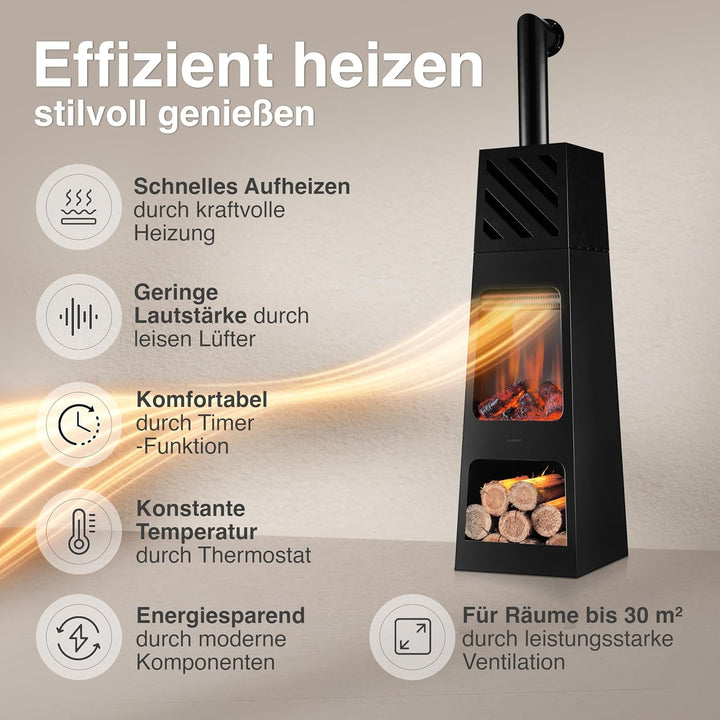 KAMINIO Elektrischer Gartenkamin Kai mit Ofenrohr - Elektro Terrassenofen mit Heizung, 3D-Flammeneff