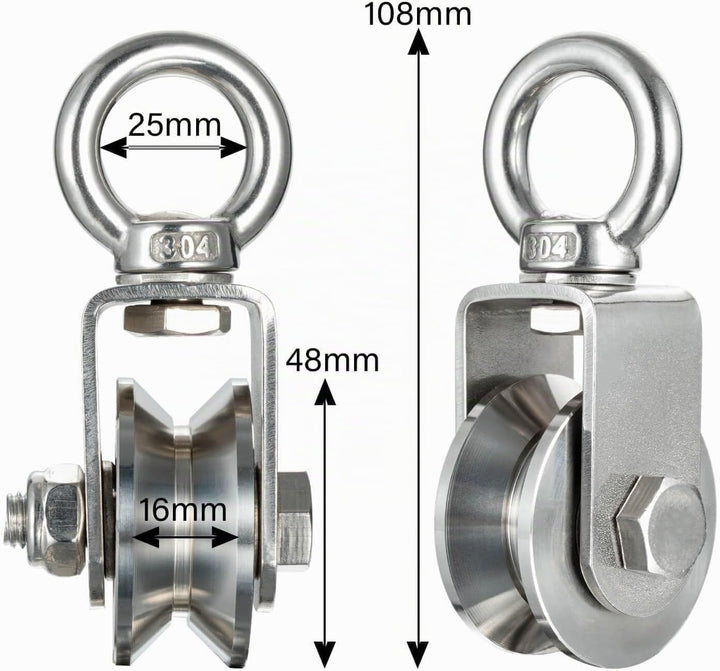 Umlenkrolle mit 2 Kugellager, Edelstahl Fitness flaschenzug, V Typ Umlenkrollen für 12mm Seile Stahl