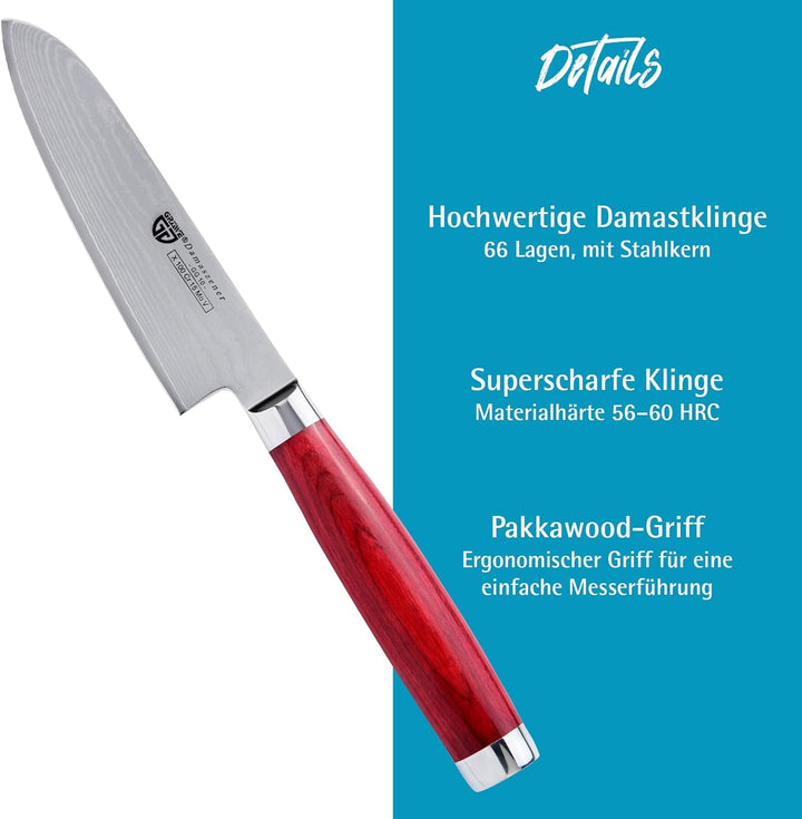 GRÄWE Damastmesser aus Damaststahl, gross, 12,5 cm Klinge, scharf, Damaszener Santokumesser mit Holz