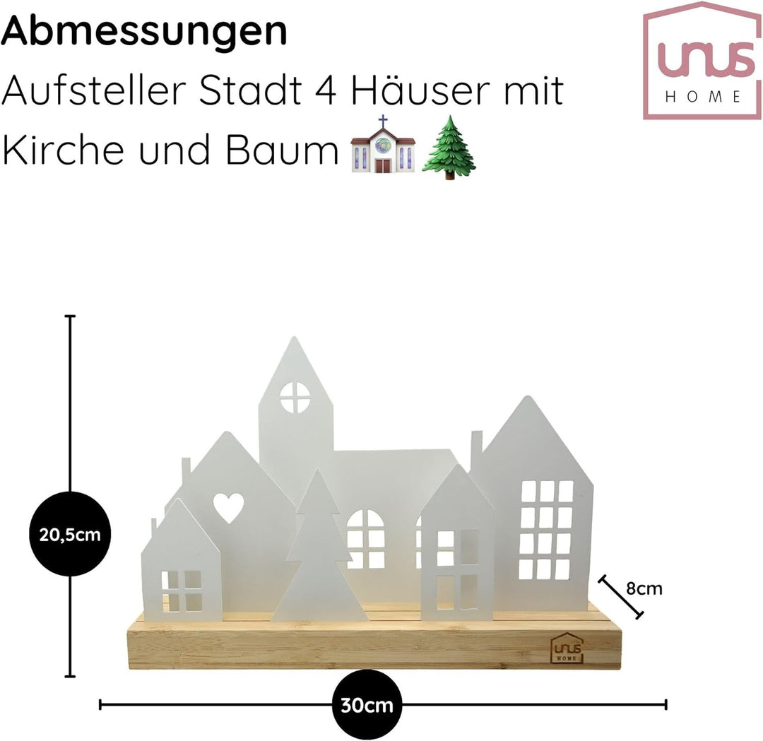UNUS Häuser-Aufsteller Stadt Holz Metall Deko-Häuser 4 Häuser weiss 30 cm Weiss 4 Häuser, Kirche und