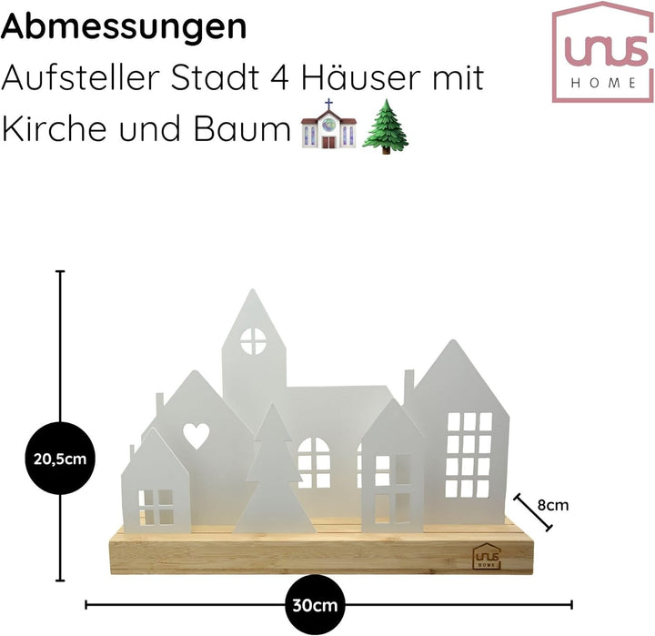 UNUS Häuser-Aufsteller Stadt Holz Metall Deko-Häuser 4 Häuser weiss 30 cm Weiss 4 Häuser, Kirche und