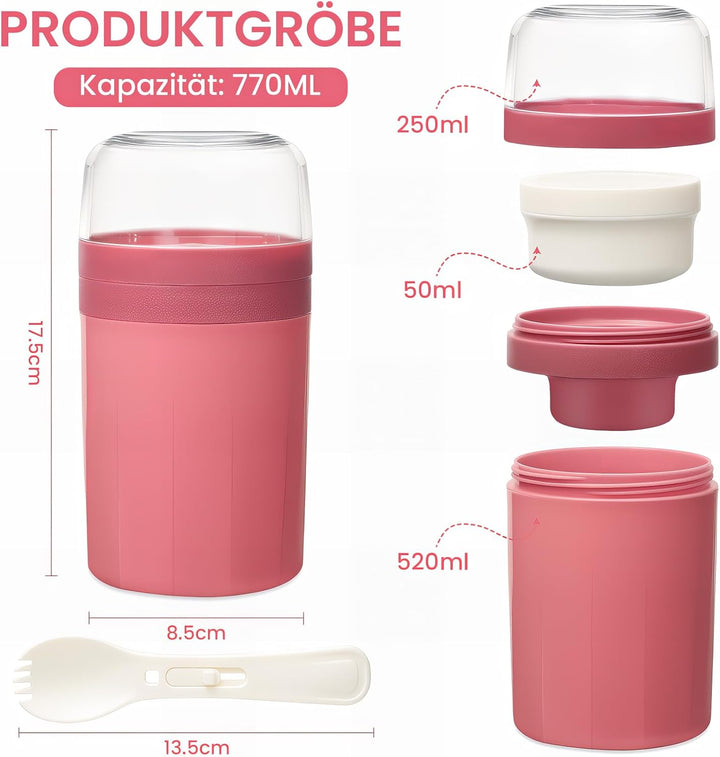Bugucat Müslibecher to Go 520ML+250ML 2er,Praktischer Joghurtbecher mit Löffel, Auslaufsicher Müsli