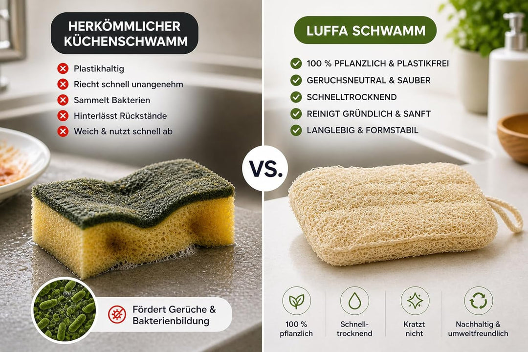 Spülset aus Bambus & Luffa – 100% plastikfrei – 4 Luffa Pads & 3 Küchenbürsten mit Sisal- & Kokosbor