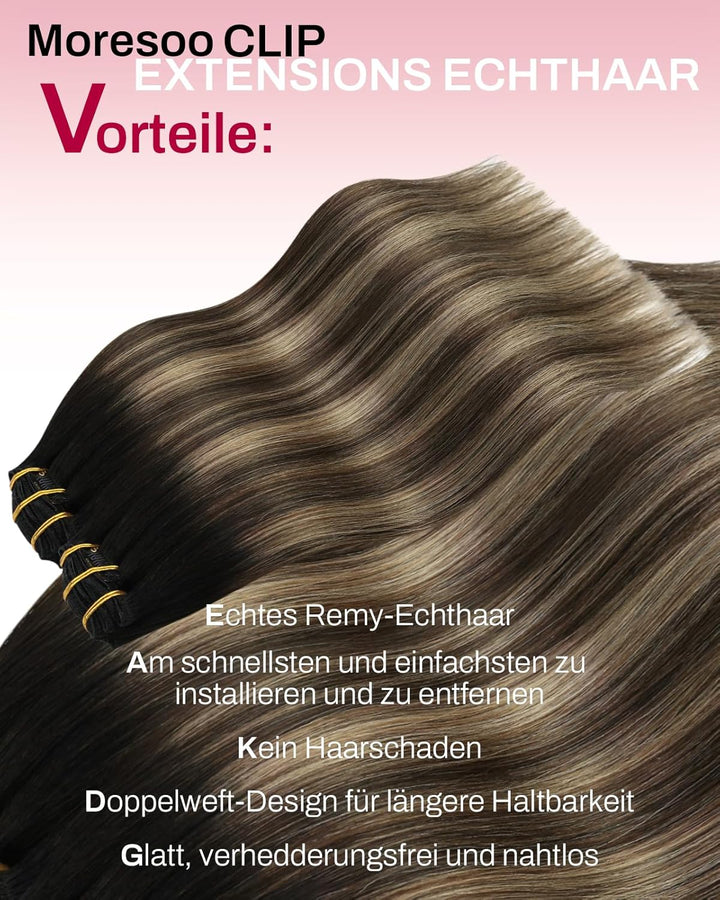 Moresoo Clip in Extensions Echthaar Schwarz Remy Echthaar Extensions Clip in Balayage Haarextension