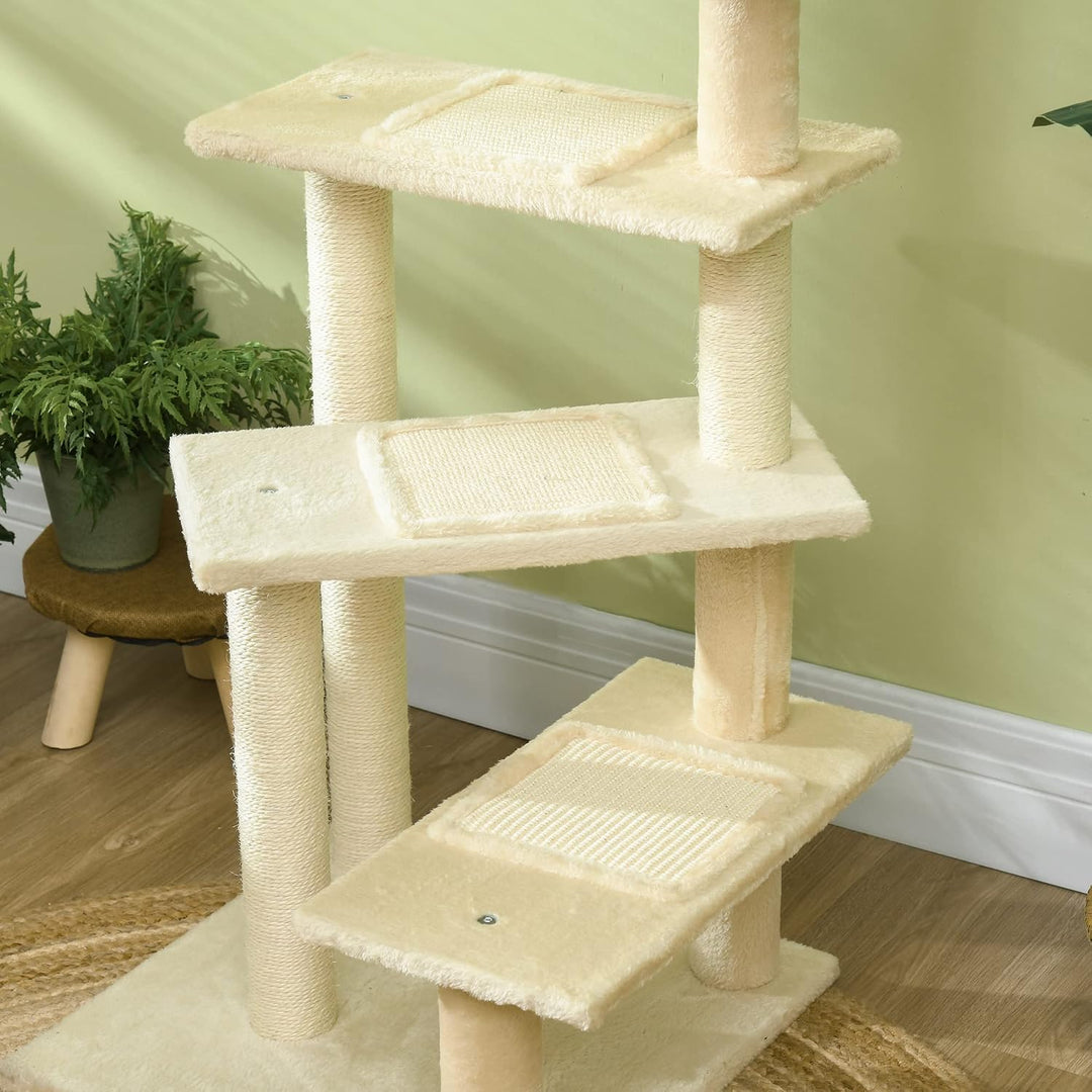 PawHut Kratzbaum 100 cm mit Sisalstämme für mittelgrosse Katzen Beige | Grosse Plattform, Mehrstöcki