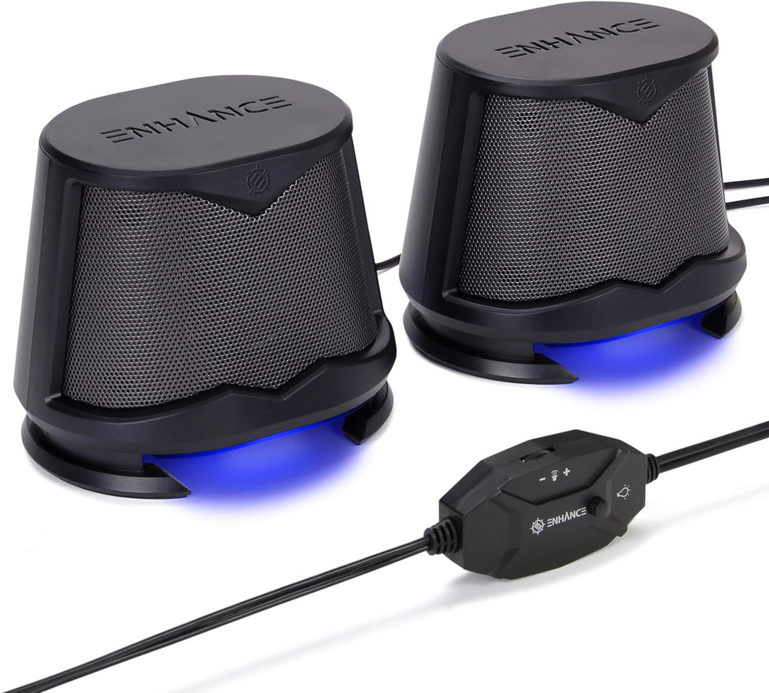 ENHANCE SB2-Computer Lautsprecher, PC Lautsprecher mit Blauem LED-Glimmlicht und 2.0 USB-Stromversor
