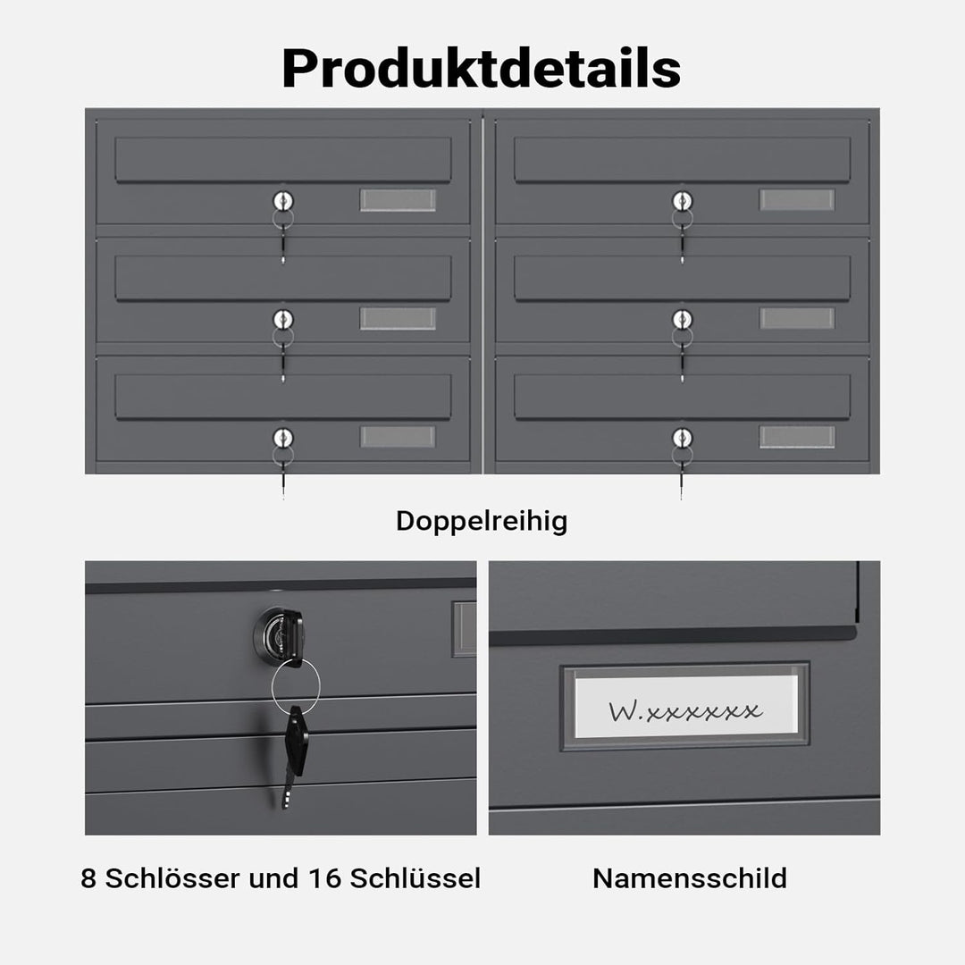 Wiltec 8er Briefkastenanlage Anthrazit 898 x 270 x 1500 mm, Standbriefkasten mit 2x4 Fächern, Schlüs