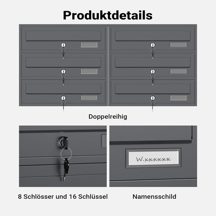Wiltec 8er Briefkastenanlage Anthrazit 898 x 270 x 1500 mm, Standbriefkasten mit 2x4 Fächern, Schlüs