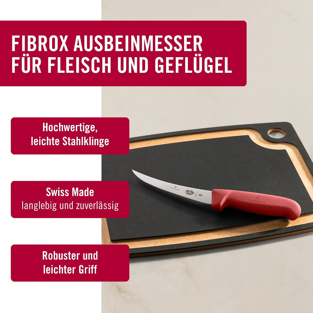 Victorinox Fibrox Ausbeinmesser, Scharfes Küchenmesser für Fleisch und Fisch, 12 cm, Gebogene Klinge