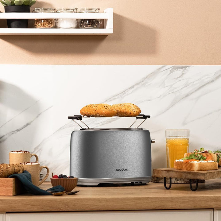 Cecotec Toast&Taste 1000 Retro Double Inox Toast, 2 Scheiben, 980 W, 2 breite 3,8 cm und kurze Schli
