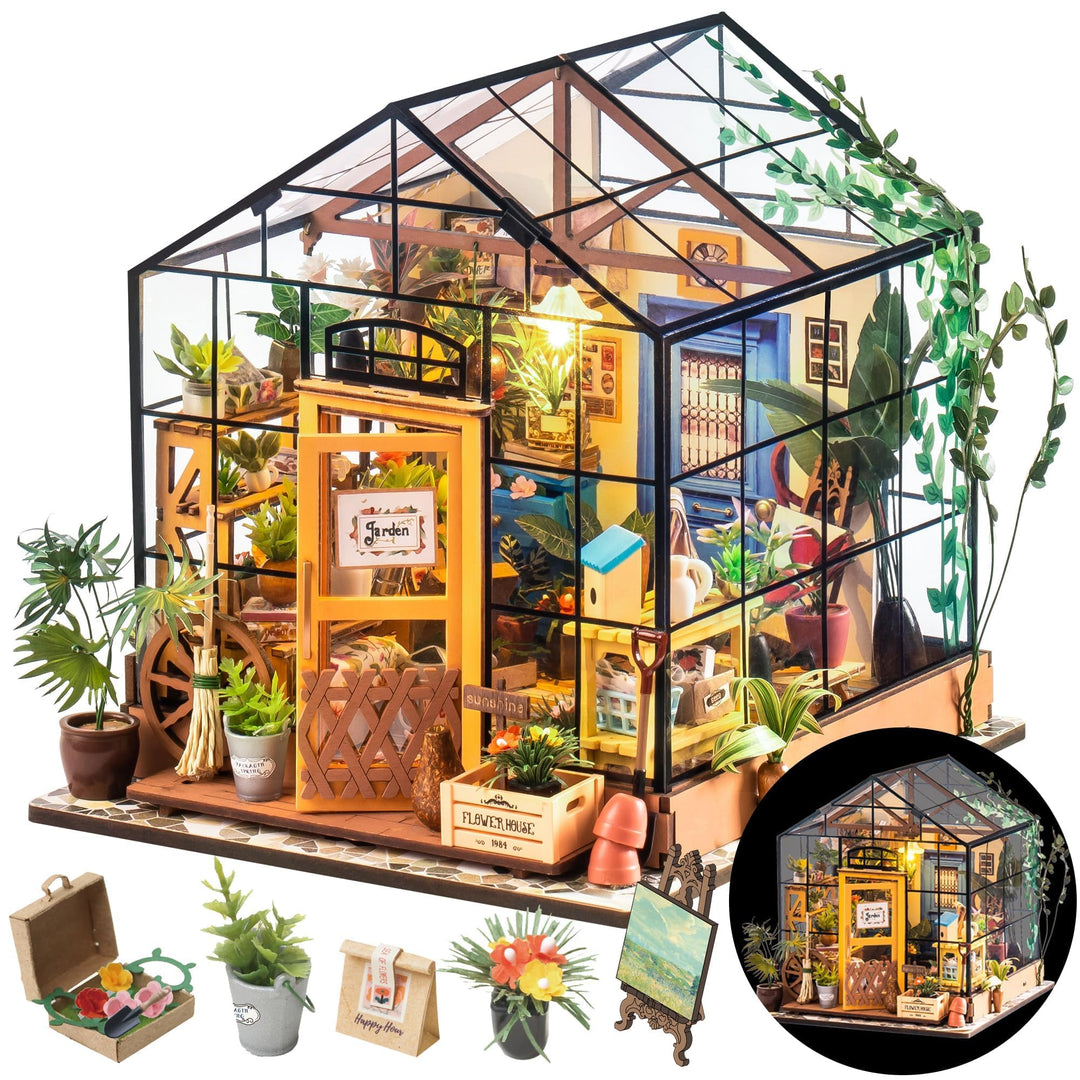 RoWood DIY Miniatur Haus Puppenhaus Gewächshaus mit Licht, DIY Mini Holz Haus Modell Set, Bastelset