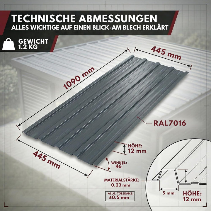 Trapezblech Dachplatten 22er Set Anthrazit RAL 7016, 1090 x 445 mm, verzinkt, Dachblech Profilblech
