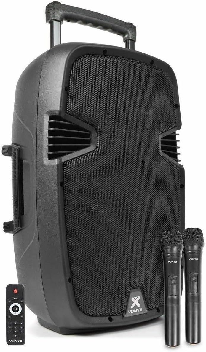 Vonyx SPJ-PA912 - Mobiler Party Lautsprecher mit Akku, 500 Watt, Karaoke Anlage mit 2 Mikrofonen, Mu