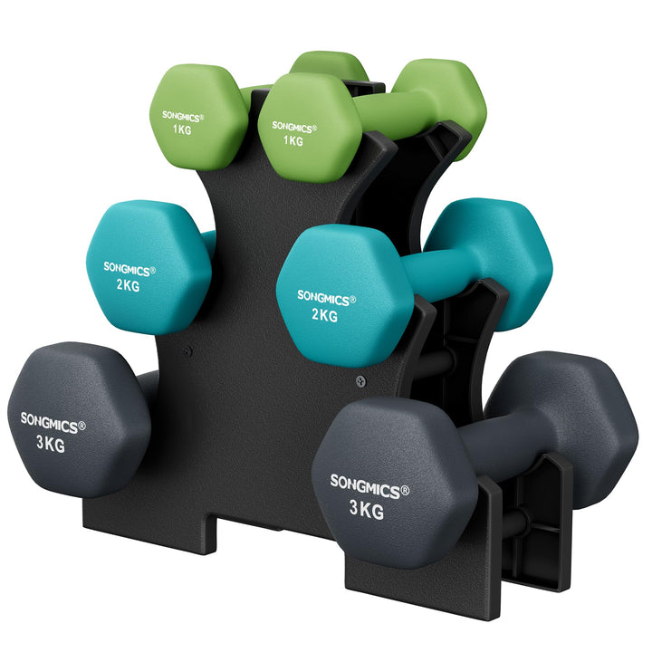 SONGMICS Kurzhantel Set, Hexagon, mit Hantelständer, 2 x 1 kg, 2 x 2 kg, 2 x 3 kg, mattes Finish, Ne