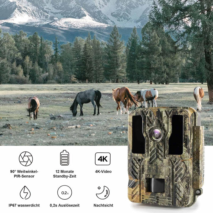 Carehabi 24MP 4K Wildkamera nachtsichtgerät mit 64 GB SD U3 Speicherkarte 46pcs-940nm-IR-LED 28m Nac