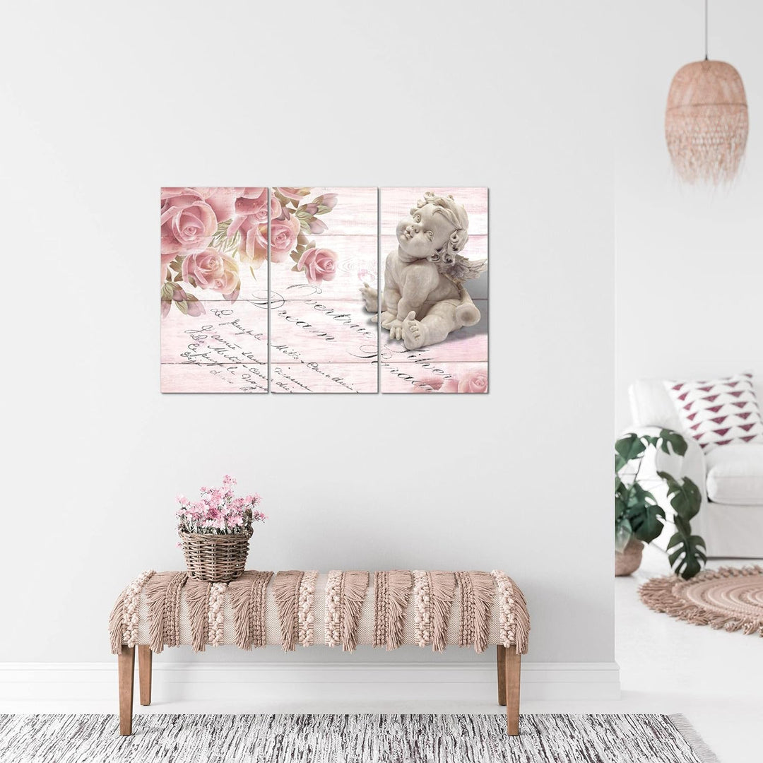 Runa Art Wandbilder Engel Blumen Bild XXL Wohnzimmer Schlafzimmer Rosa Rosen Holz 120 x 80 cm 3 Teil