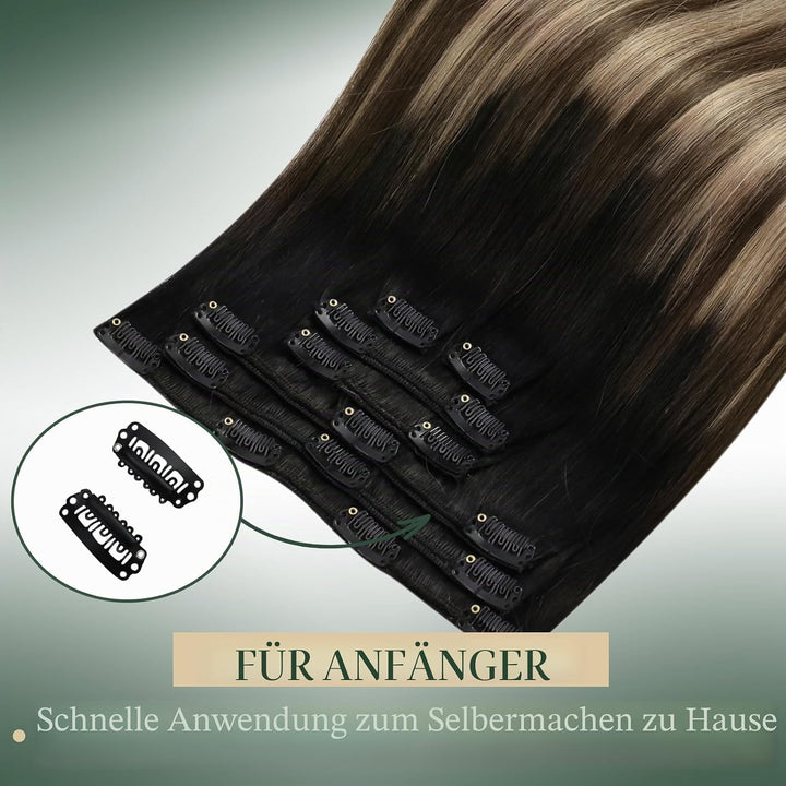Ugeat Clip in Extensions Echtes Haar Haarverlängerungen 35cm 120g Clip in Schwarz bis Braun und Kara