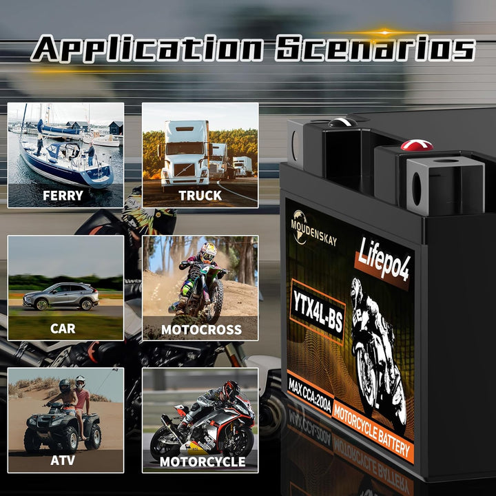 MOUDENSKAY Lithium Motorrad Batterie 12V Lithium Powersports Batterie mit BMS (YTX4L-BS 12.8V 2Ah 20