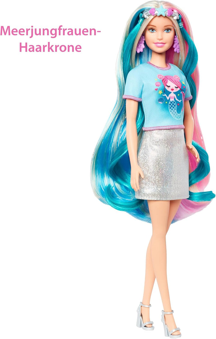 Barbie-Puppe, Einhorn-Barbie-Puppe mit Meerjungfrauenhaar und Einhorn-Haarkrönchen, Barbie-Accessoir