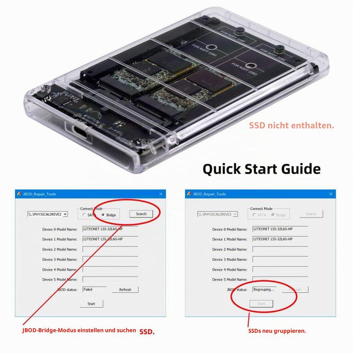 CY M.2 SATA SSD auf 2.5inch SATA Adapter,Dual NGFF B+M Key M.2 SSD auf USB C JOBD Raid0 Span Bridge