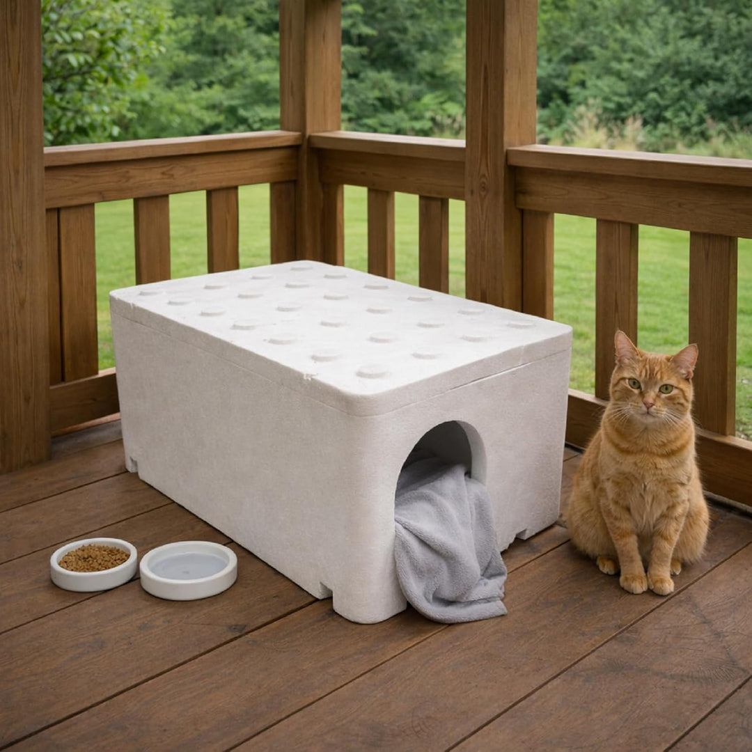QLS Wetterfestes Katzenhaus aus Styropor 60x40x30 cm – leichtes isoliertes Schutzhäuschen für Katzen
