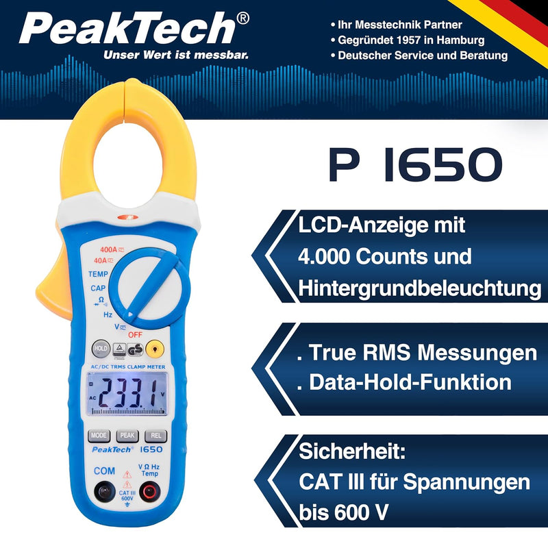 PeakTech 1650 – True RMS Stromzange 400A AC/DC, Digital Multimeter, Zangenmessgerät, TÜV/GS, Stromme