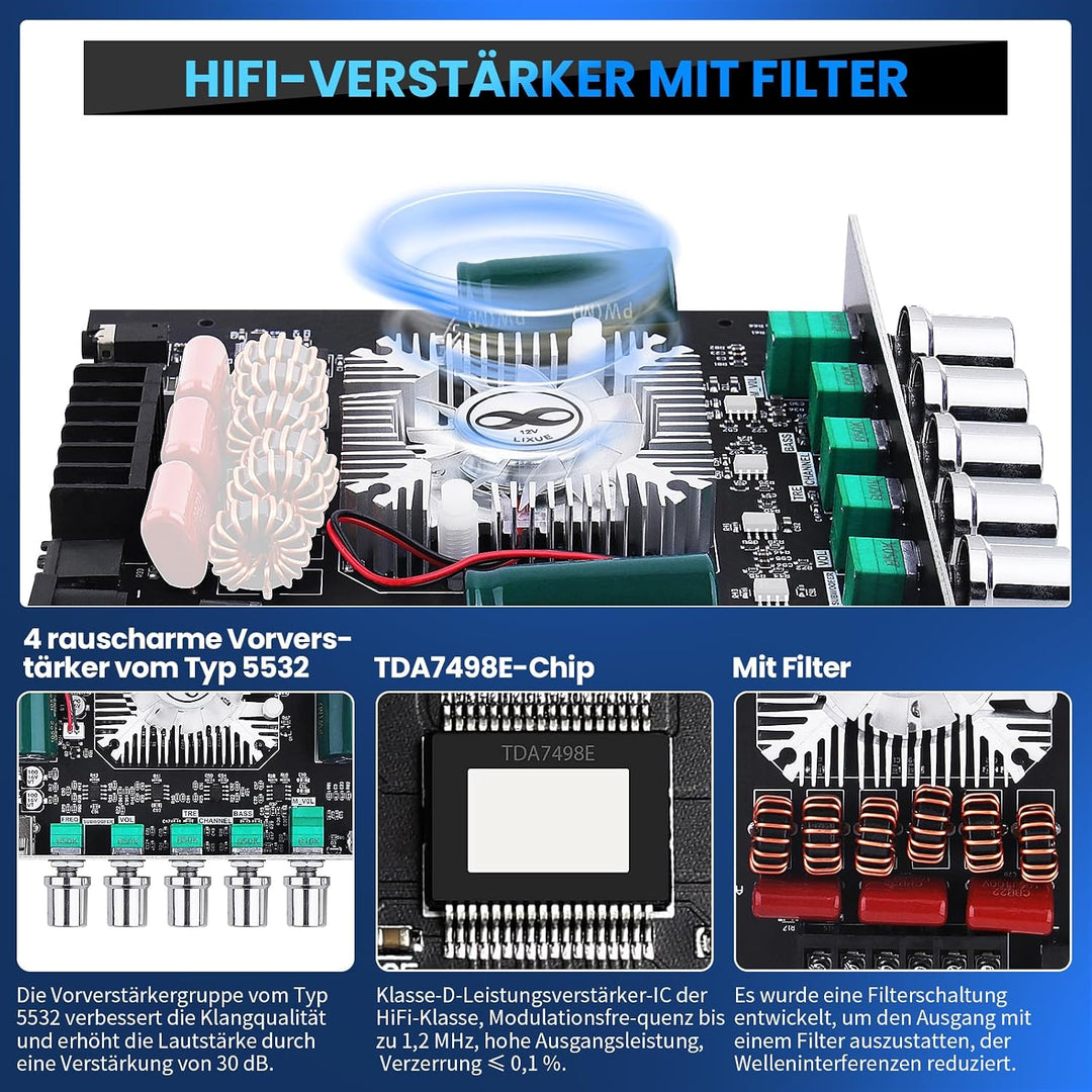 HiFi-Verstärker mit Bluetooth, ZK-HT21 2.1 Kanal 160W x 2+220W Subwoofer Stereo-Mini-Audio-Leistungs