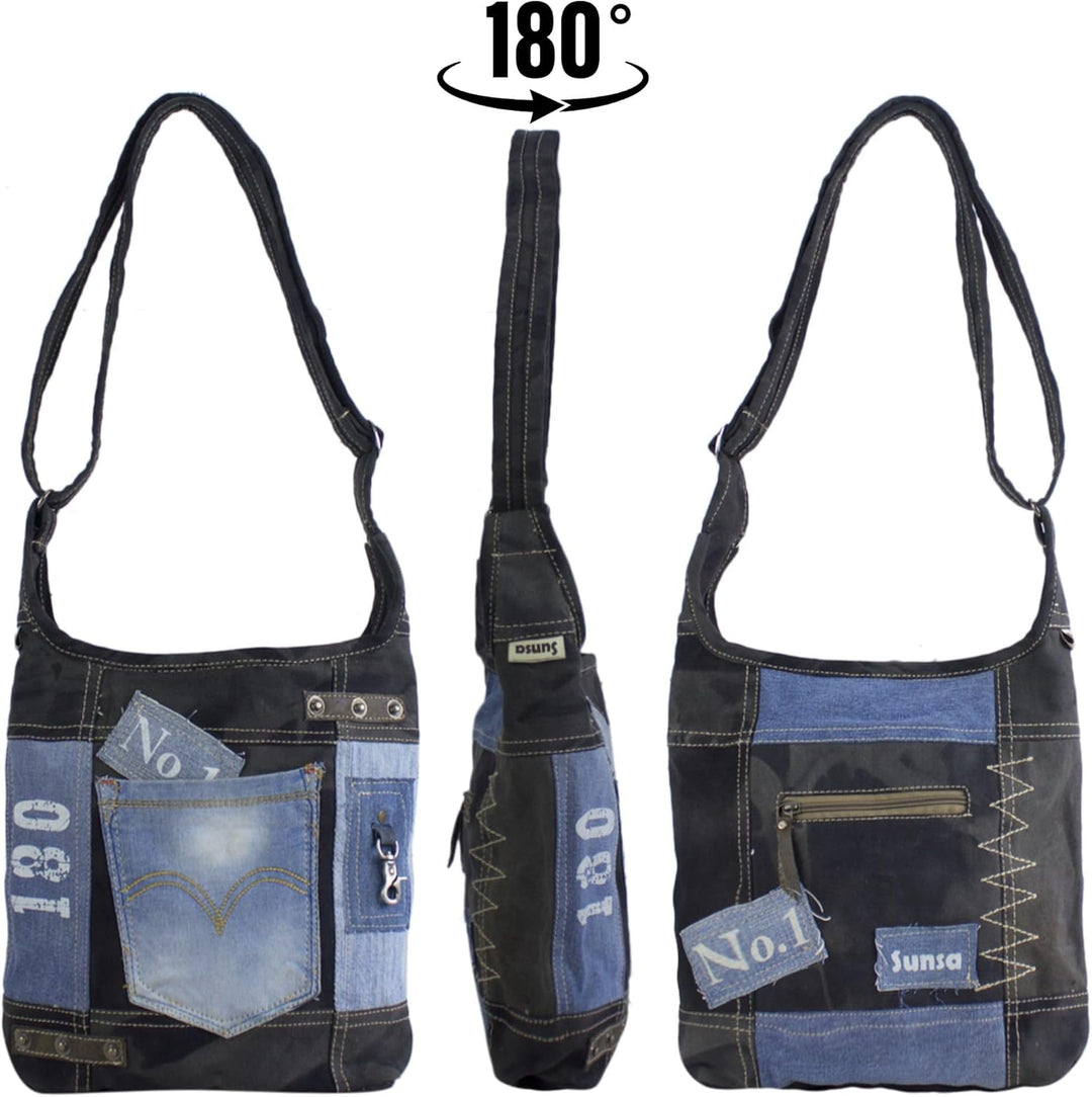 Sunsa Damen Umhängetasche aus Recycelte Jeans Canvas & Leder. Hobo Tasche schwarz/blau