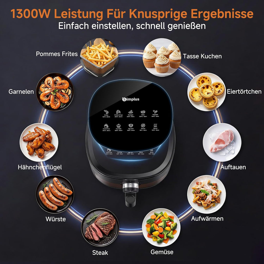 SIMPLUS Heissluftfritteuse 5L mit Sichtfenster, 1300W Airfryer, leise 43,2 dB, platzsparend, Heisslu