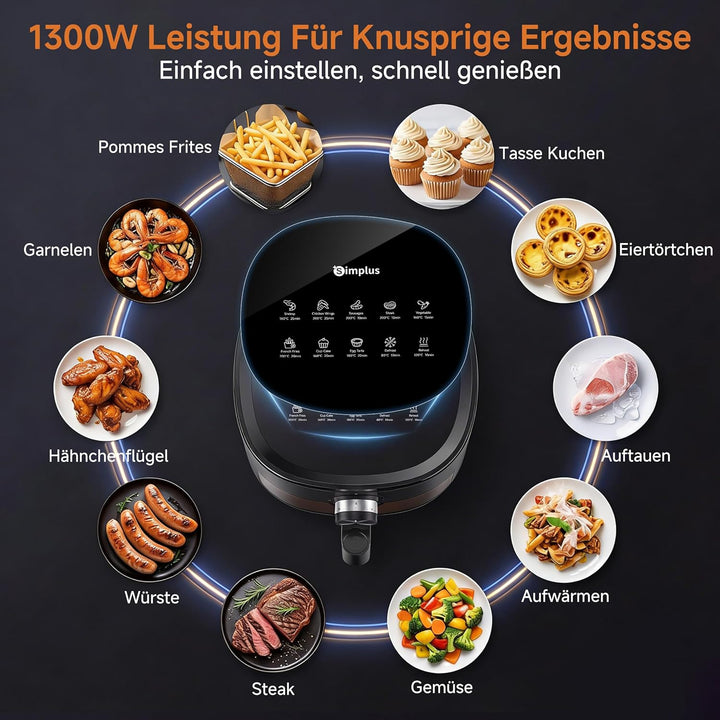 SIMPLUS Heissluftfritteuse 5L mit Sichtfenster, 1300W Airfryer, leise 43,2 dB, platzsparend, Heisslu