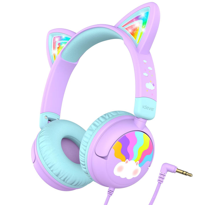 iClever Kinder Kopfhörer, LED Beleuchtetes Katzenohr, 85dBA Sichere Lautstärke, Stereo Sound, Faltba
