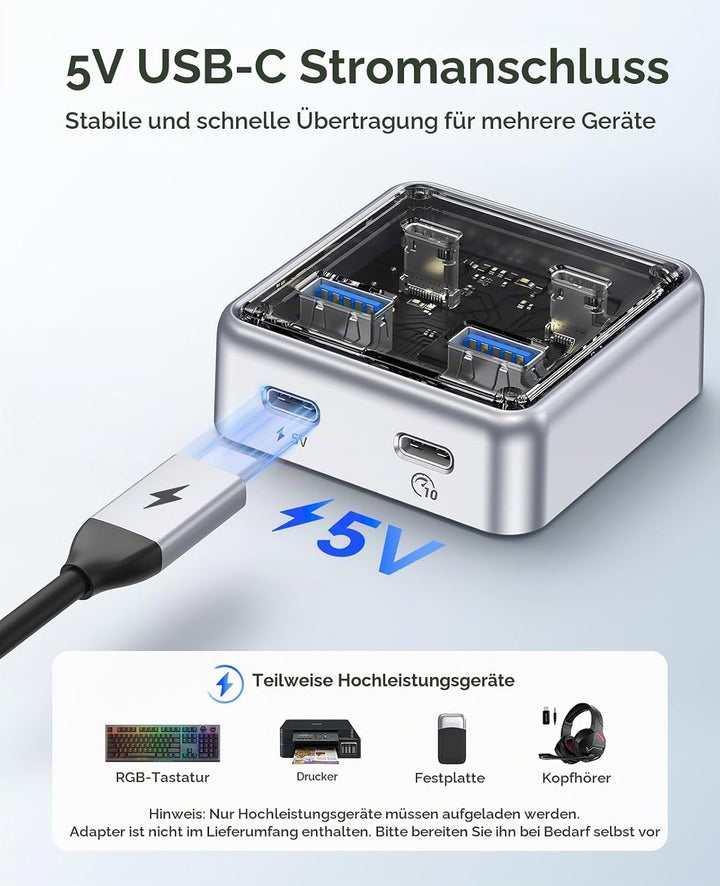 ORICO USB Hub 3.2, 4 Port USB 3.2 Gen2 Verteiler mit 2 Typ A/C Anschlüsse, 10Gbps Zinklegierung Mult