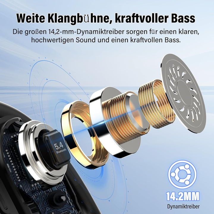 Open Ear Kopfhörer Bluetooth 5.4, 36Std Bluetooth Kopfhörer Tiefem Bass | 14,2 mm Treiber Ohrhörer m
