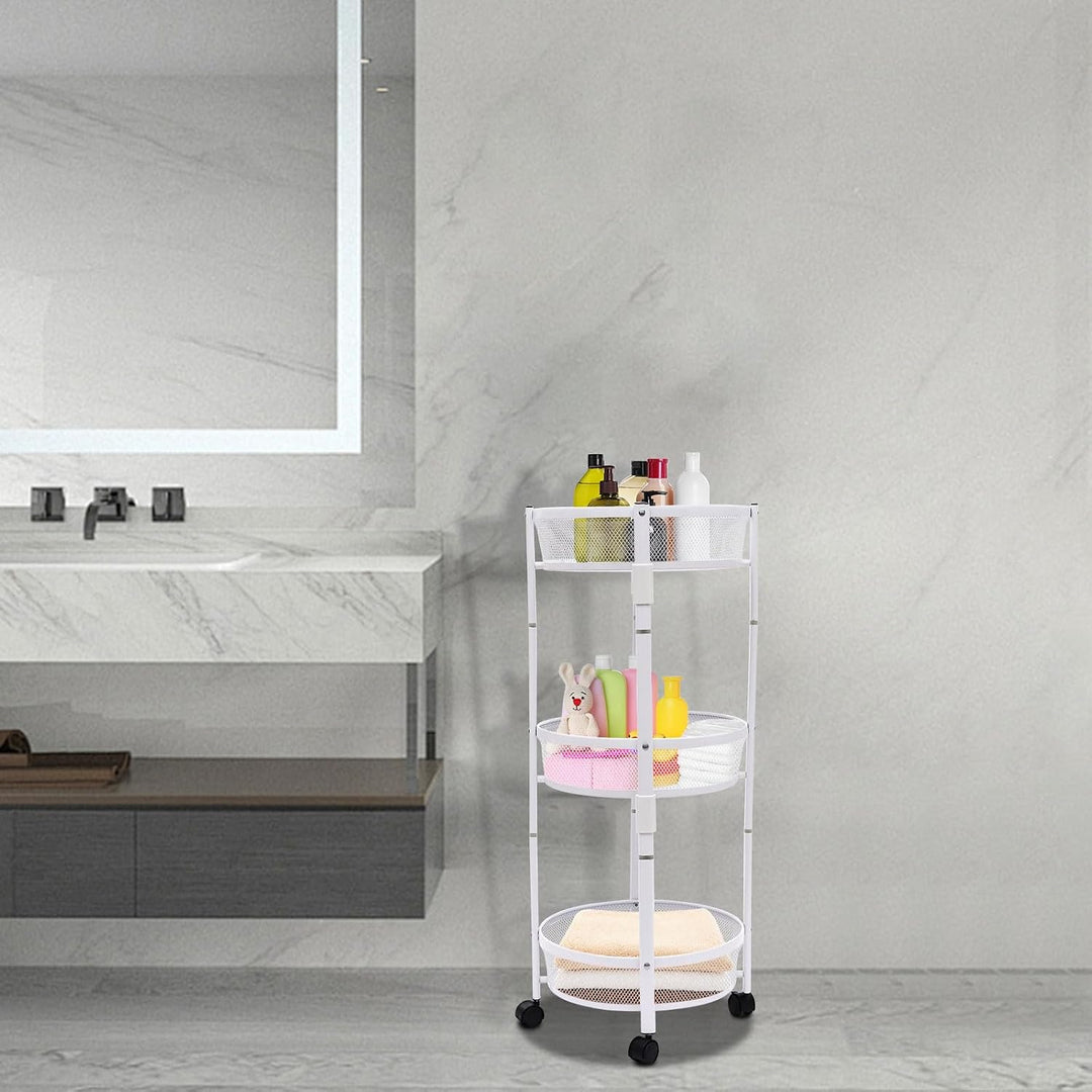 Weisses dreistöckiges Metallregal aus Kohlenstoffstahl mit Laufrollen | Freistehendes Regal ohne Mon