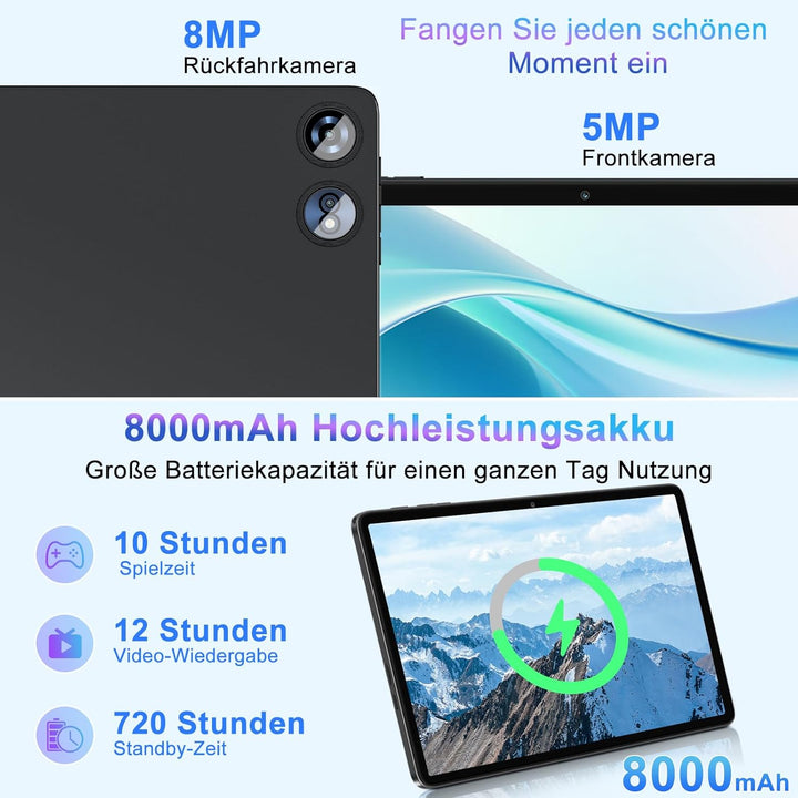 2026 Neueste Tablet 10 Zoll Android Octa-Core 22GB RAM+128GB ROM 2TB Erweiterbar, BT 5.0, 8000mAh, 8