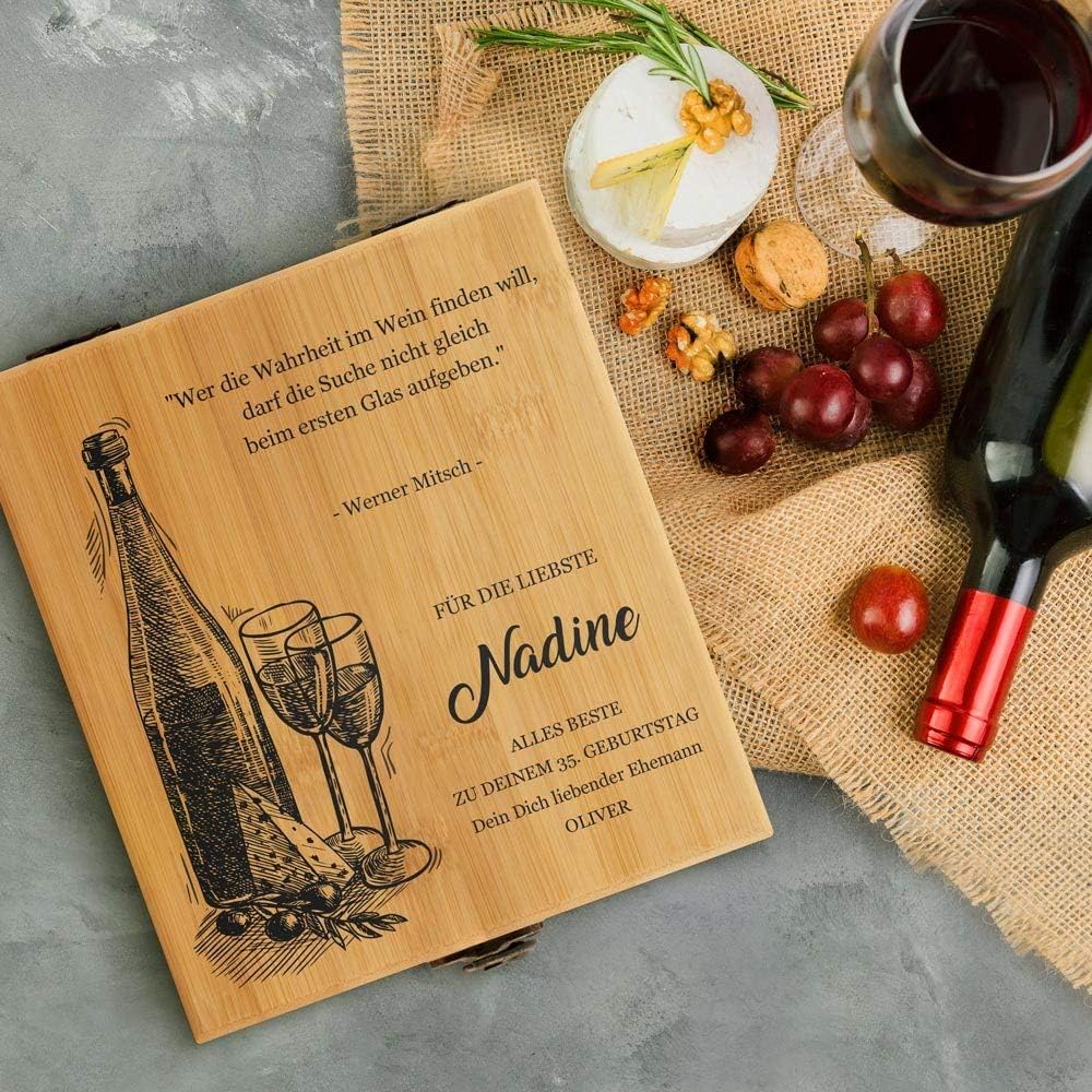 Maverton Weinöffner-Set personalisiert Weinset Sommelier Set - Geschenkbox Holzbox + 4er Weinzubehör