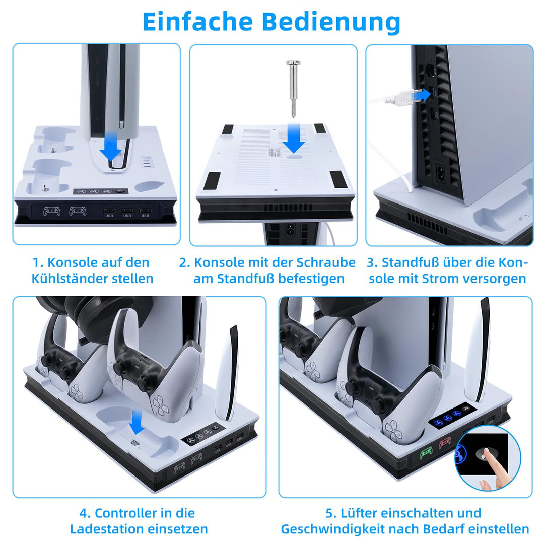 Mcbazel PS5 Pro/ PS5/ PS5 Slim Ladestation Ständer mit 3 Stufig Lüfter und Licht, PS5 Ständer Contro