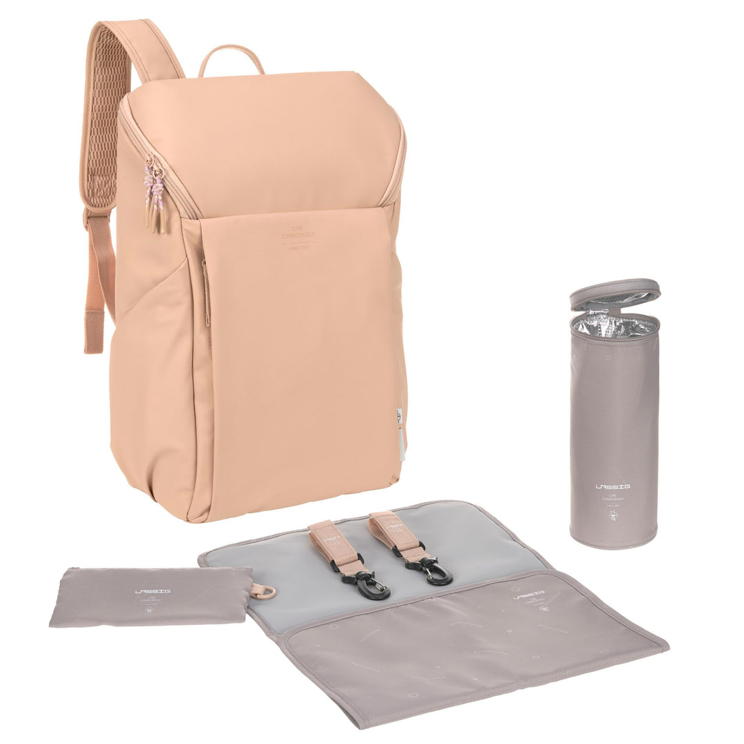 LÄSSIG Baby Wickelrucksack mit Wickelunterlage, Kinderwagenbefestigung und Flaschenhalter/GRE Slende