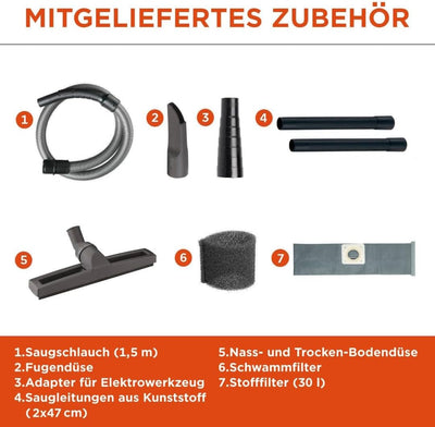 BLACK+DECKER Nass und Trockensauger BXVC30XTDE mit Integrierte Steckdose für Elektrowerkzeug (1600 W