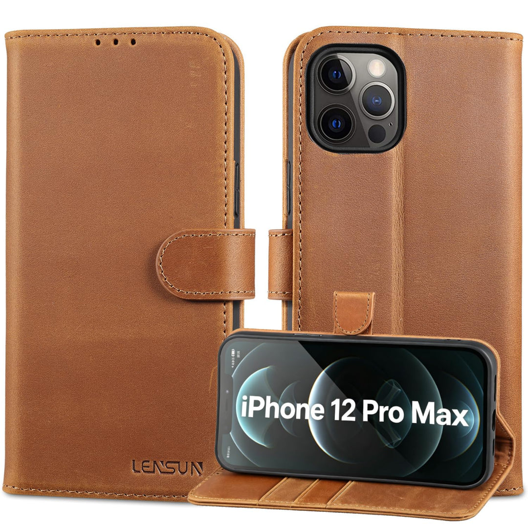 LENSUN Echtleder Hülle für iPhone 12 Pro Max, Handyhülle [Echtes Leder][Magnetverschluss][RFID Schut