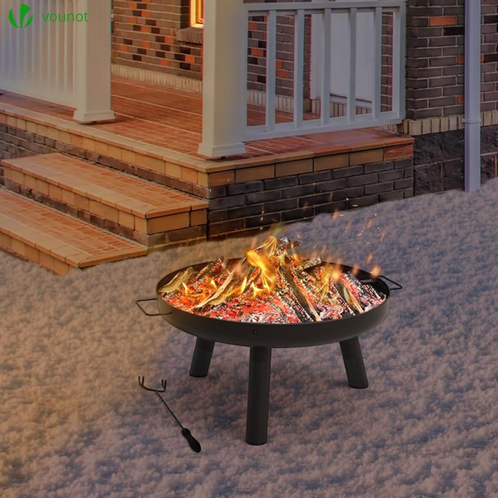 VOUNOT® Feuerschale Ø 61 cm Metall Feuerkorb mit Schürhaken Feuerstelle für den Garten, Terrasse, He