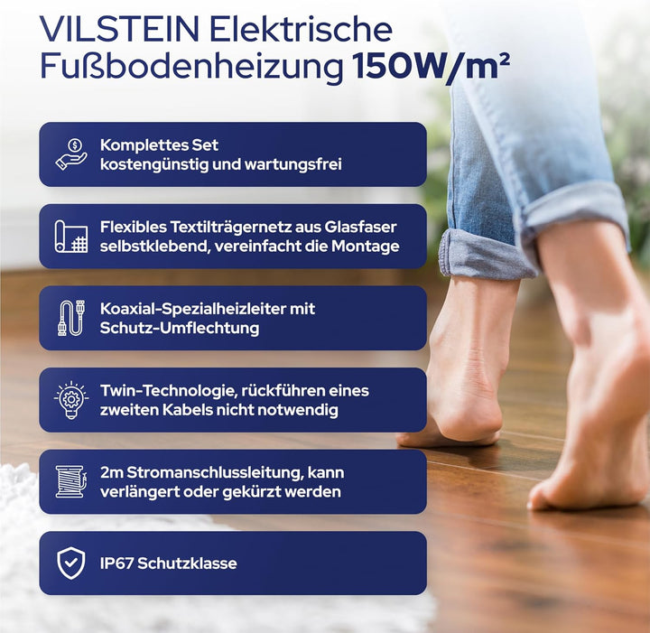 VILSTEIN® Elektrische Fussbodenheizung [150W/m²] - Bodenheizung Elektrisch geeignet für Laminat, Fli