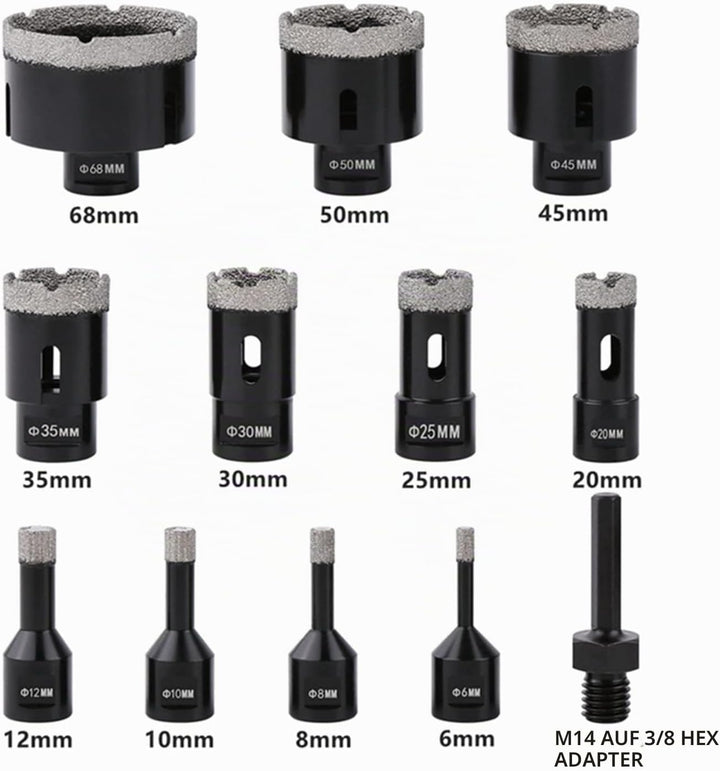 12 Stück/Satz Diamant Kernbohrer Set, 6–68mm M14 Gewinde vakuumgelöteter Winkelschleifer Mauerwerk L