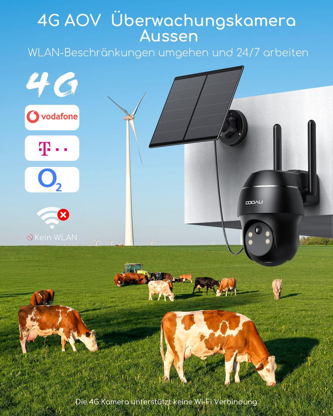 COOAU 24/7 Aufzeichnung AOV 4G LTE Solar Überwachungskamera Aussen mit SIM Karte, 2K PTZ Kamera Über