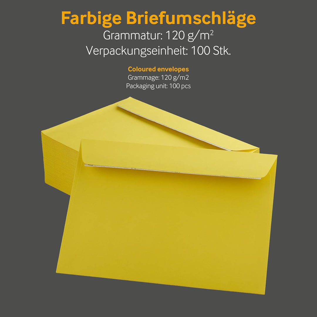 100 Stück, Farbige Briefumschläge, DIN C5, Haftklebung mit Abziehstreifen, Gerade Klappe, 130 g/qm C